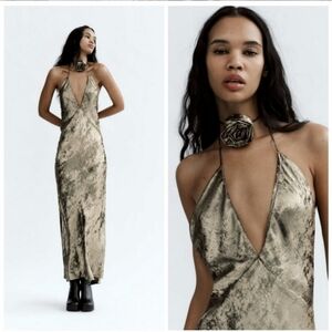 NWT Zara Gold Foil Maxi Dress Open Back Large Blogger Favorite Wedding Holiday